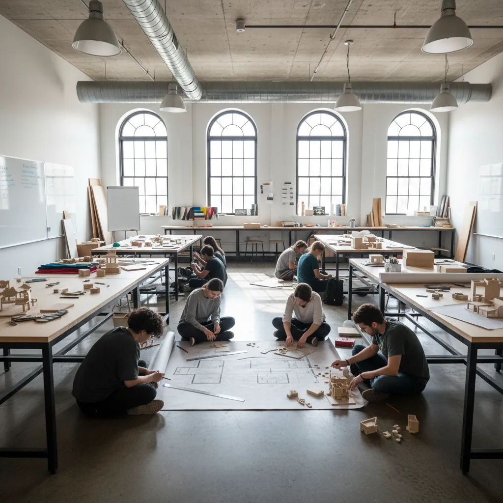 Aula de estudiantes trabajando en planos y maquetas de diseño de interiores