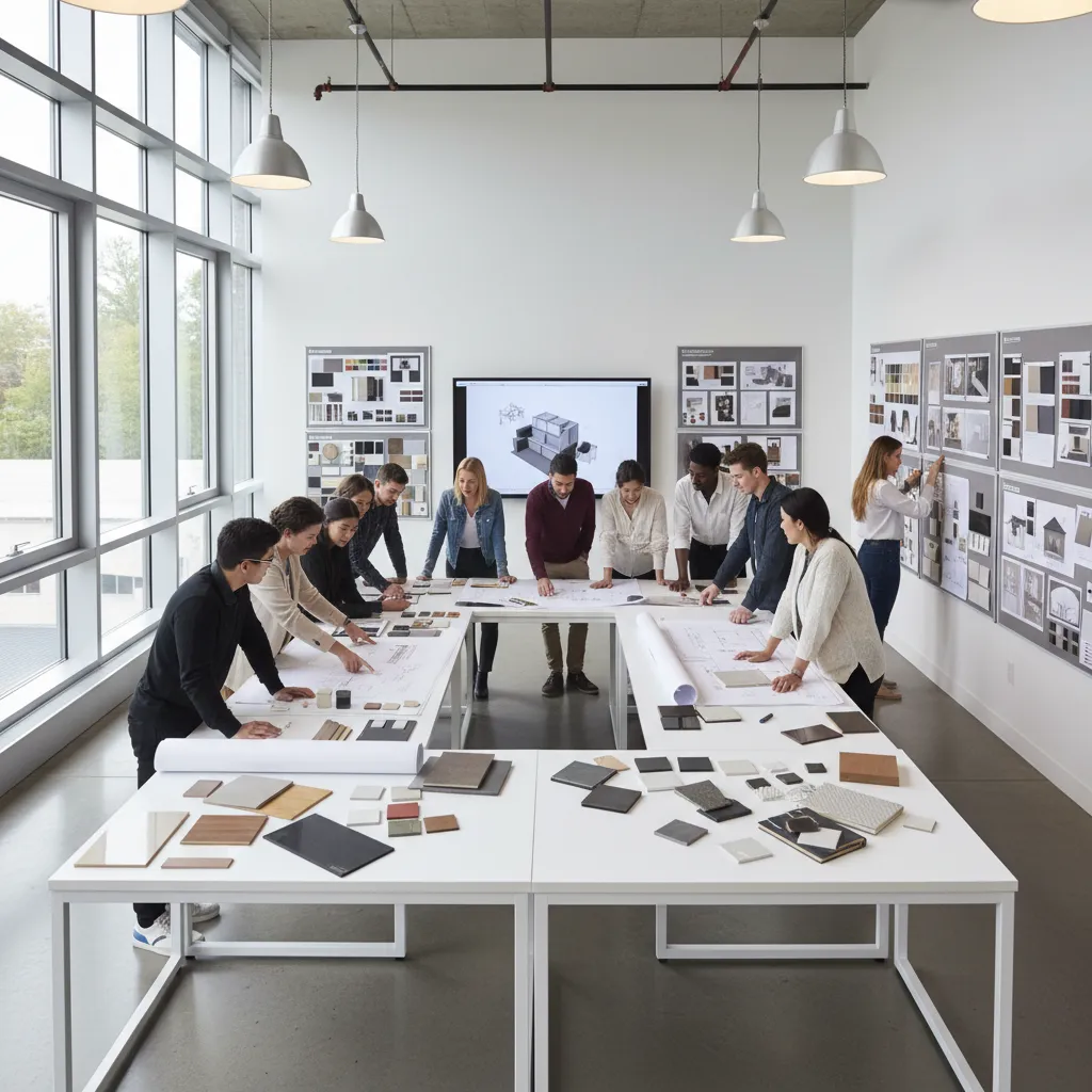Clase de diseño de interiores con estudiantes revisando planos y muestras de materiales
