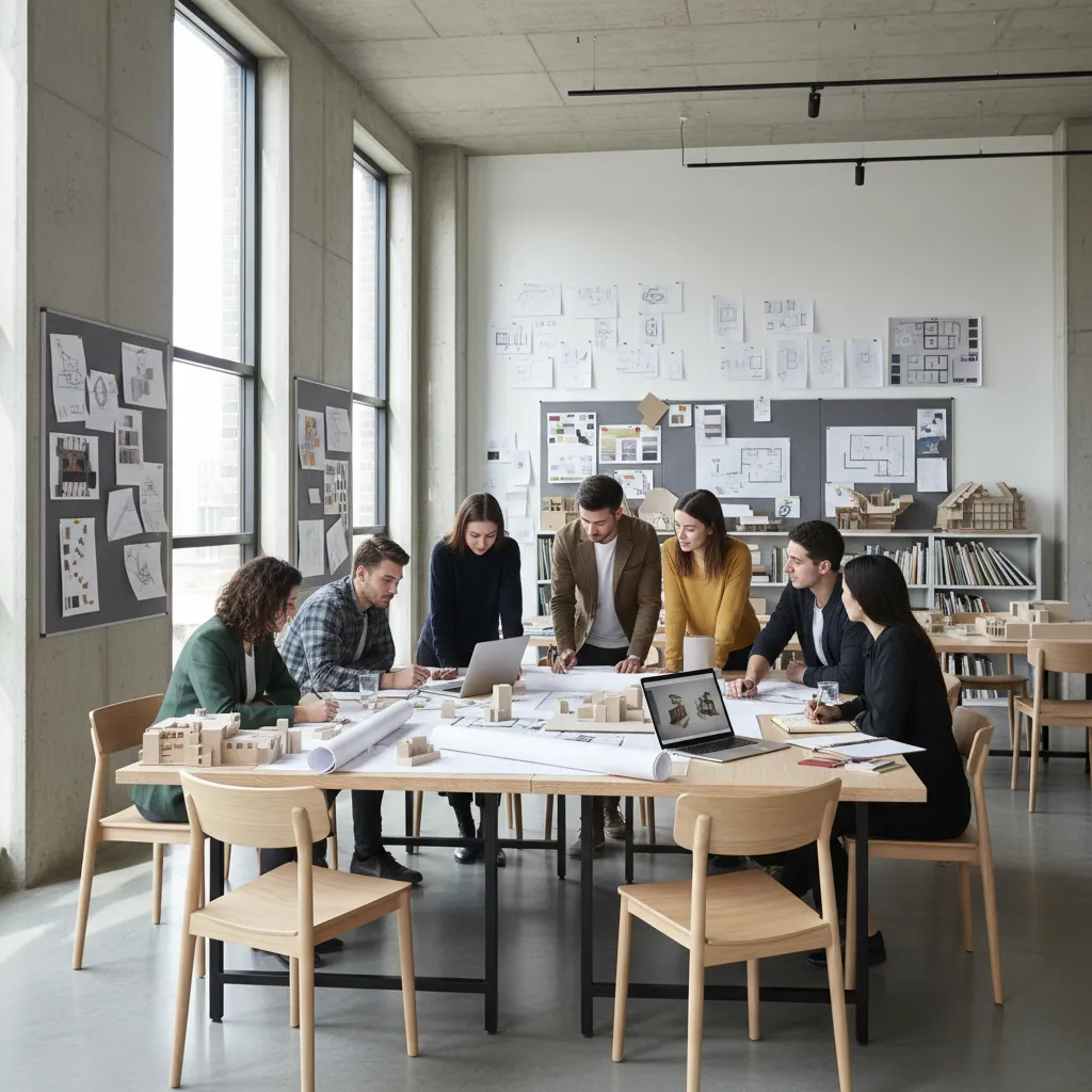 Clase de diseño de interiores con estudiantes revisando planos en una mesa grande