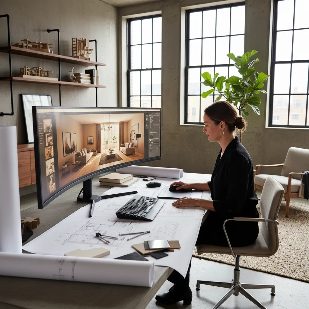Diseñador revisando un proyecto de interiorismo en pantalla grande