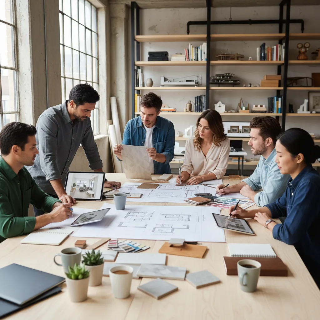 Equipo de diseñadores de interiores revisando un proyecto en mesa de trabajo