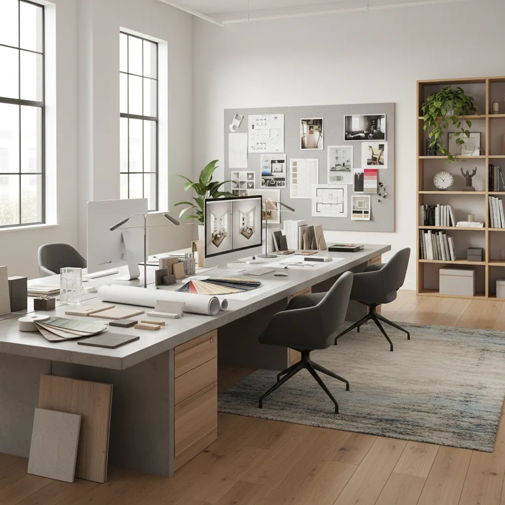 Estudio de interiorismo con muestras de materiales y planos de vivienda