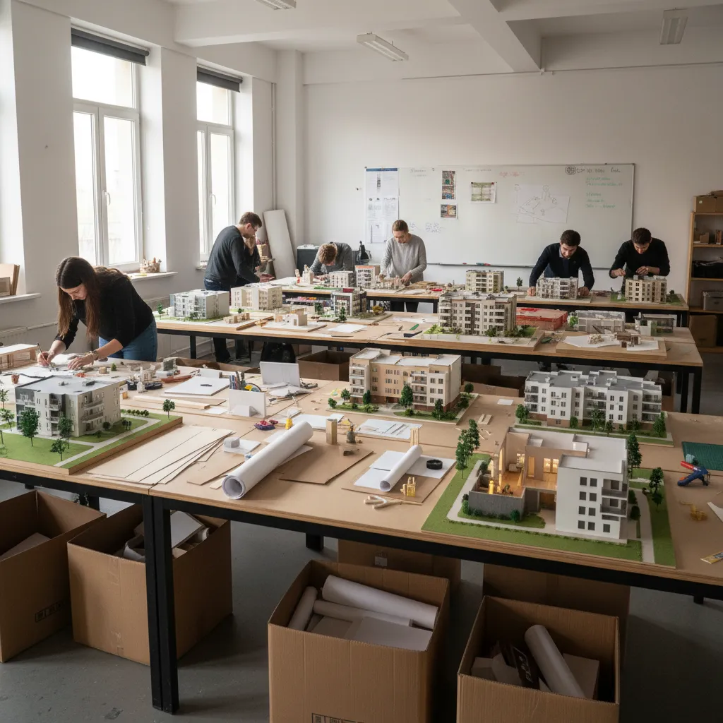 estudiantes trabajando en maquetas de diseño de interiores en un taller universitario