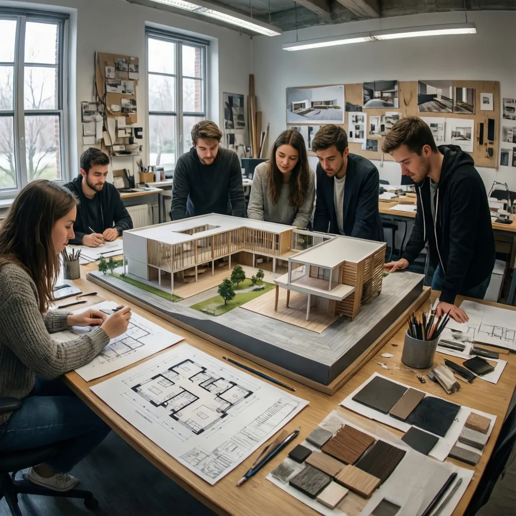 Estudiantes desarrollando un proyecto de interiorismo con planos y maquetas