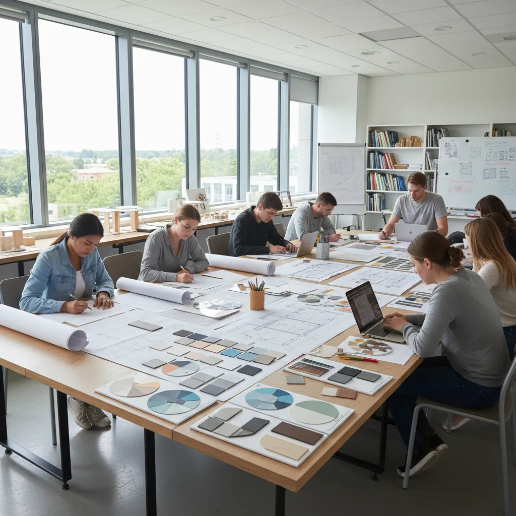 Students working at a large table with interior design floor plans and many colorful samples