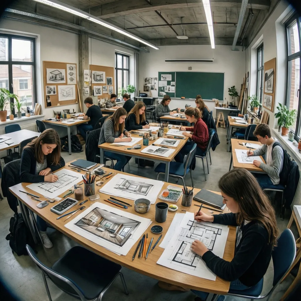 Aula de escuela de diseño con estudiantes trabajando en proyectos de interiorismo