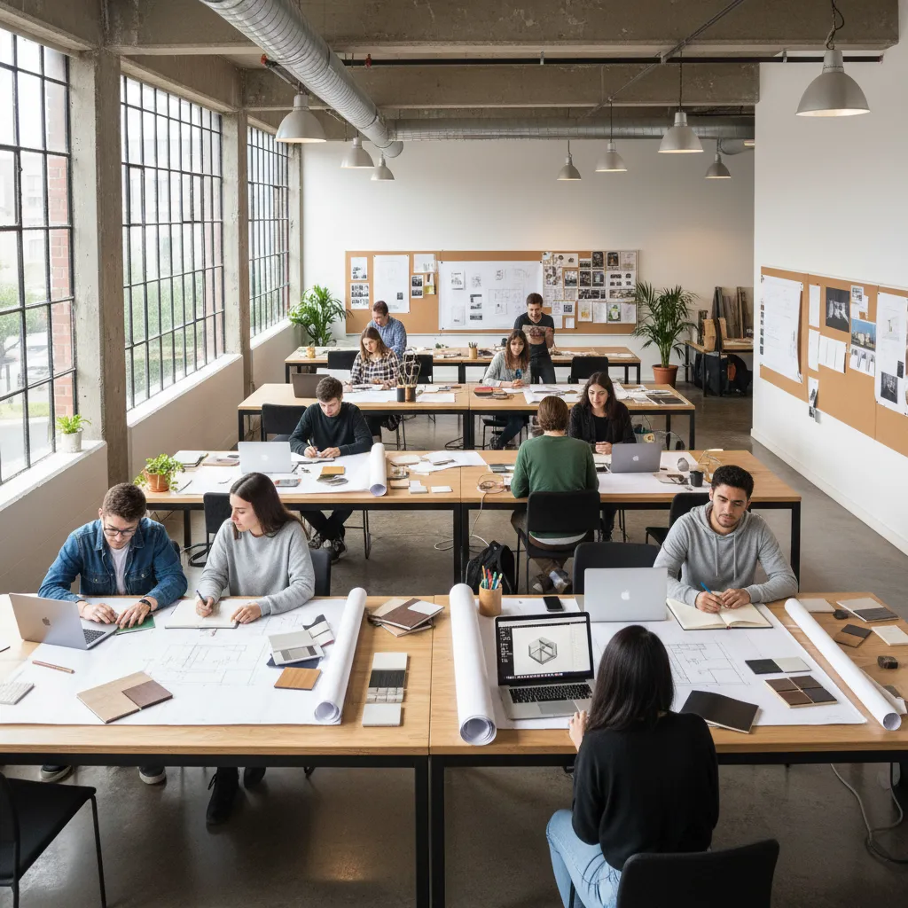 estudiantes trabajando en proyectos de interiorismo en aula de diseño