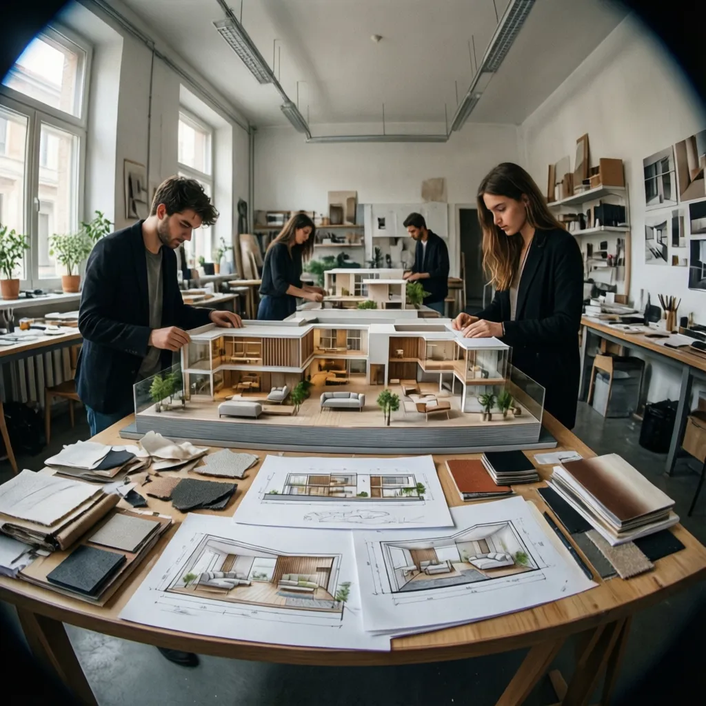 Estudiantes desarrollando proyectos de interiorismo con maquetas y planos