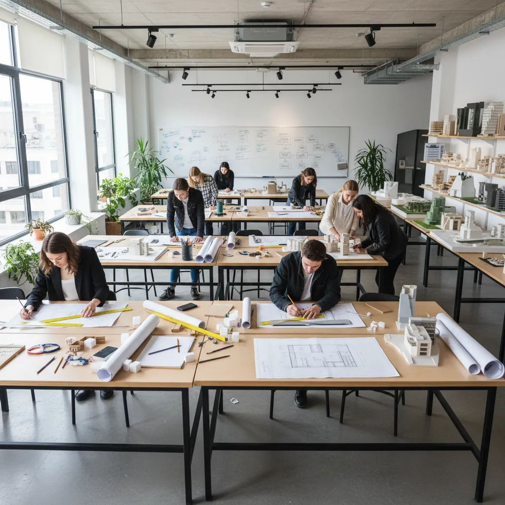Interior design students working on floor plans and models at large tables in bright studio