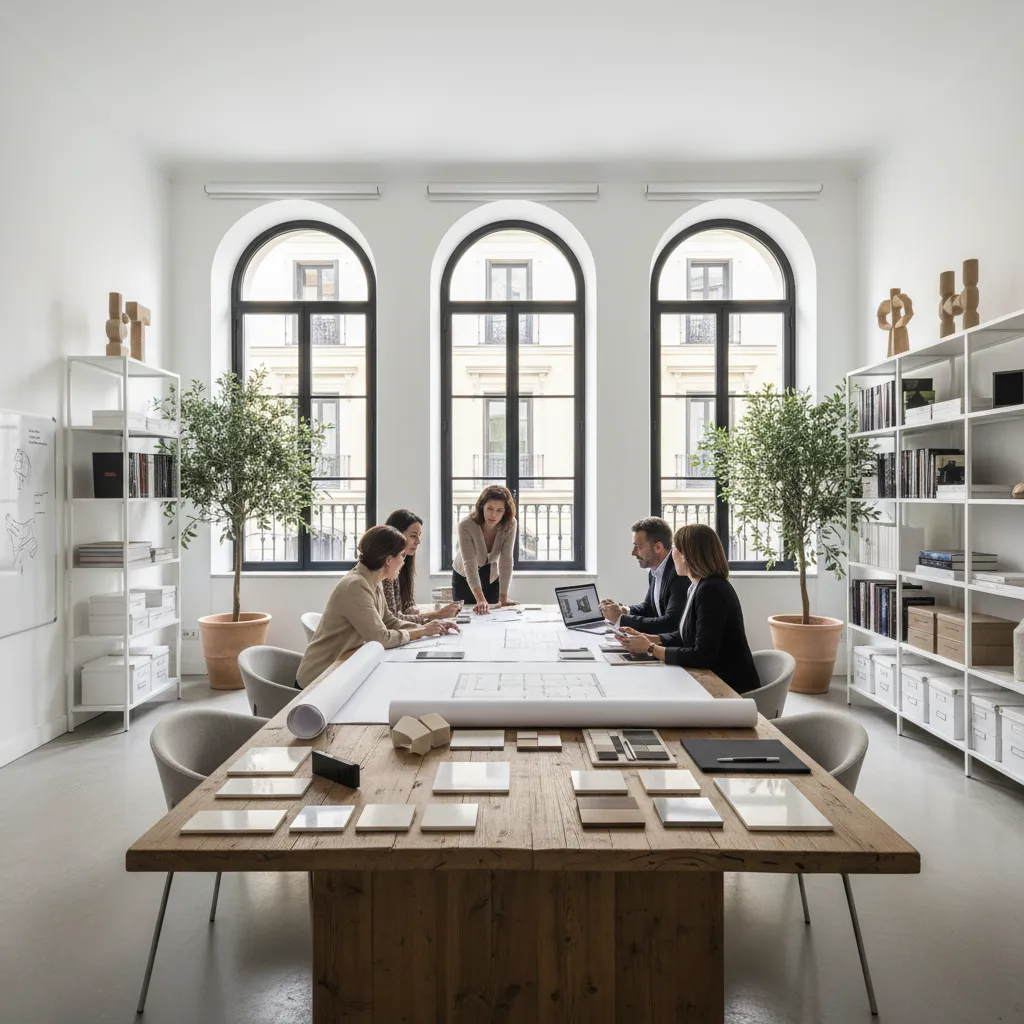 Interior design team meeting around large wooden table with floor plans material samples and windows