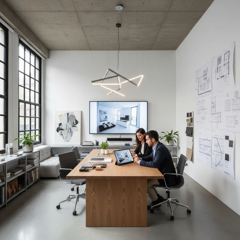 Estudio moderno de diseño de interiores con planos y pantallas 3D