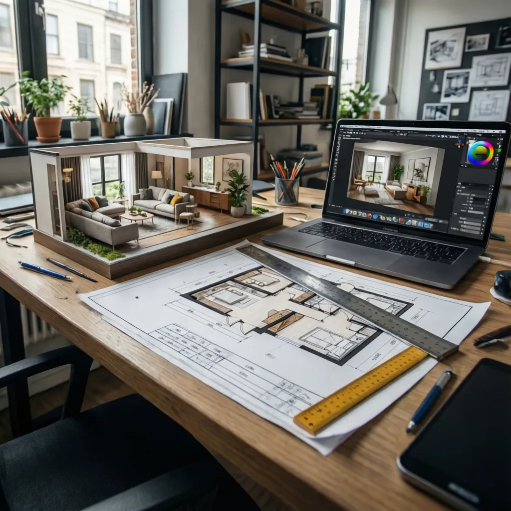 Workspace with printed room layout drawing and small 3D model beside a laptop computer screen
