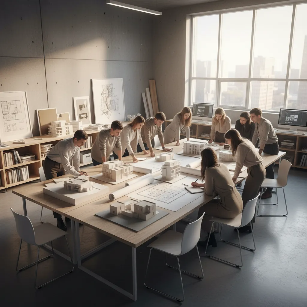 Clase de máster de interiorismo con estudiantes revisando maquetas