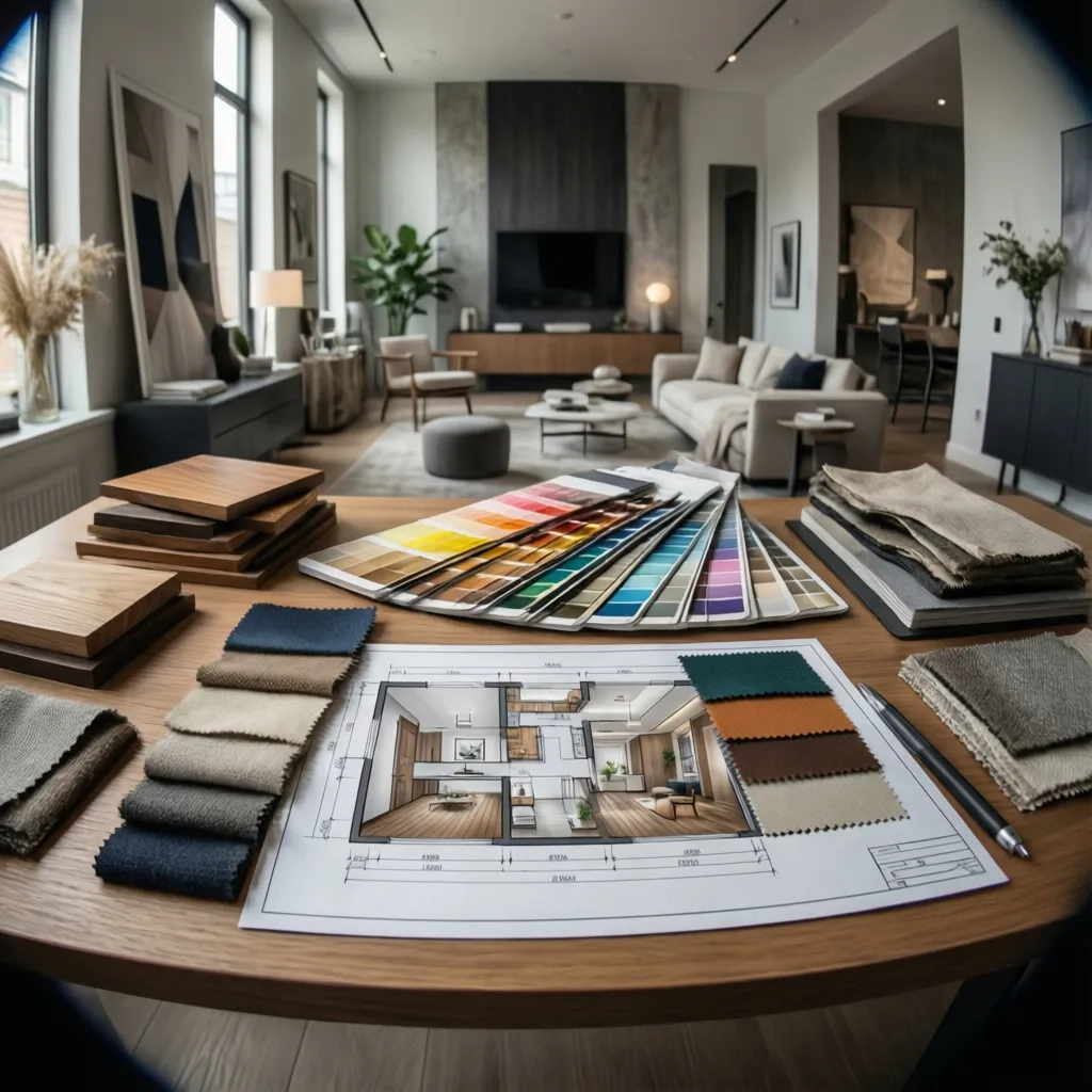 Mesa de trabajo con muestras de materiales, paletas de color y planos de interiorismo