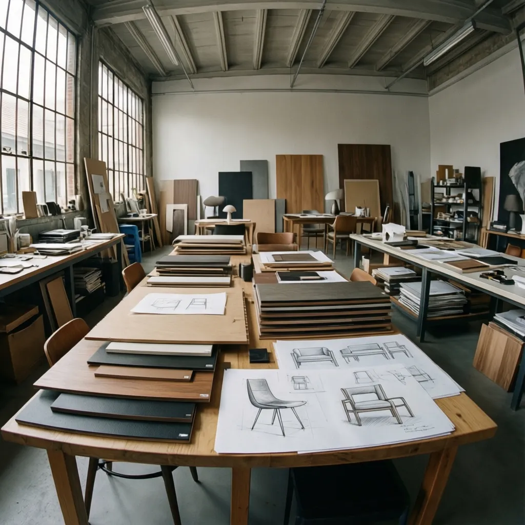 Estudio creativo de diseño interior en Milán con mesas de trabajo y muestras de materiales