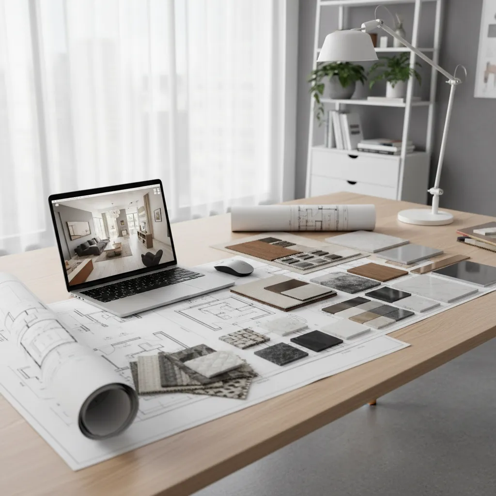 Mesa de trabajo con planos arquitectónicos, muestras de materiales y portátil con diseño interior