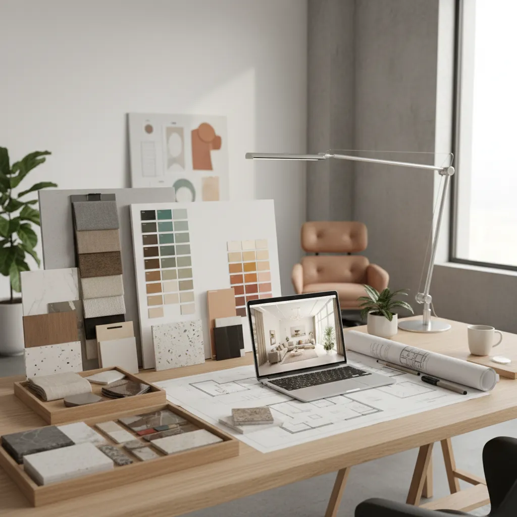 Mesa de trabajo con planos de interiorismo, muestras de materiales y portátil