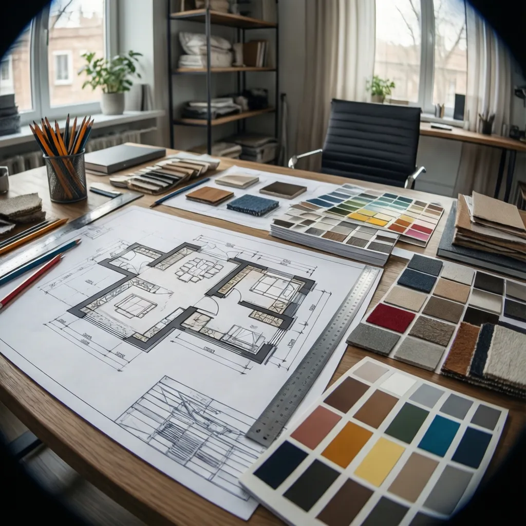 Interior design workspace with house floor plan drawing surrounded by colorful fabric swatches and pencils