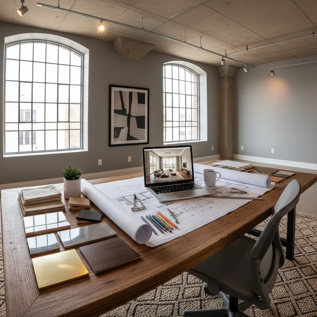 Mesa de trabajo con planos de interiorismo, muestras de materiales y portátil con modelo 3D