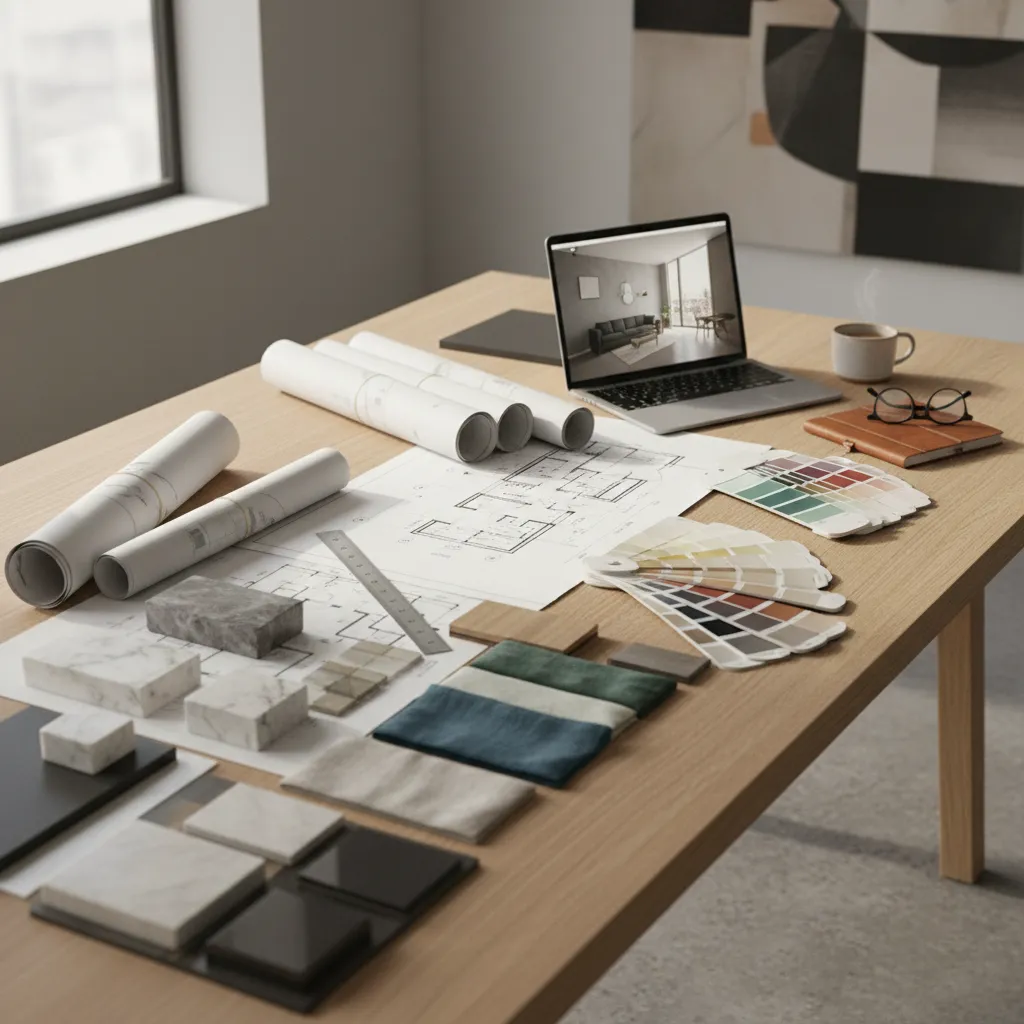 Mesa de trabajo con planos de interiorismo, muestras de materiales y herramientas de diseño