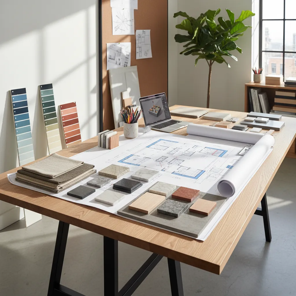 Mesa de trabajo con planos de interiorismo, muestras de materiales y herramientas de diseño