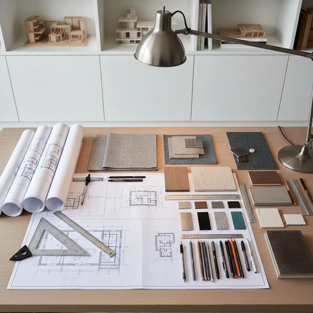 Mesa de trabajo con planos de interiorismo, muestras de materiales y reglas de dibujo