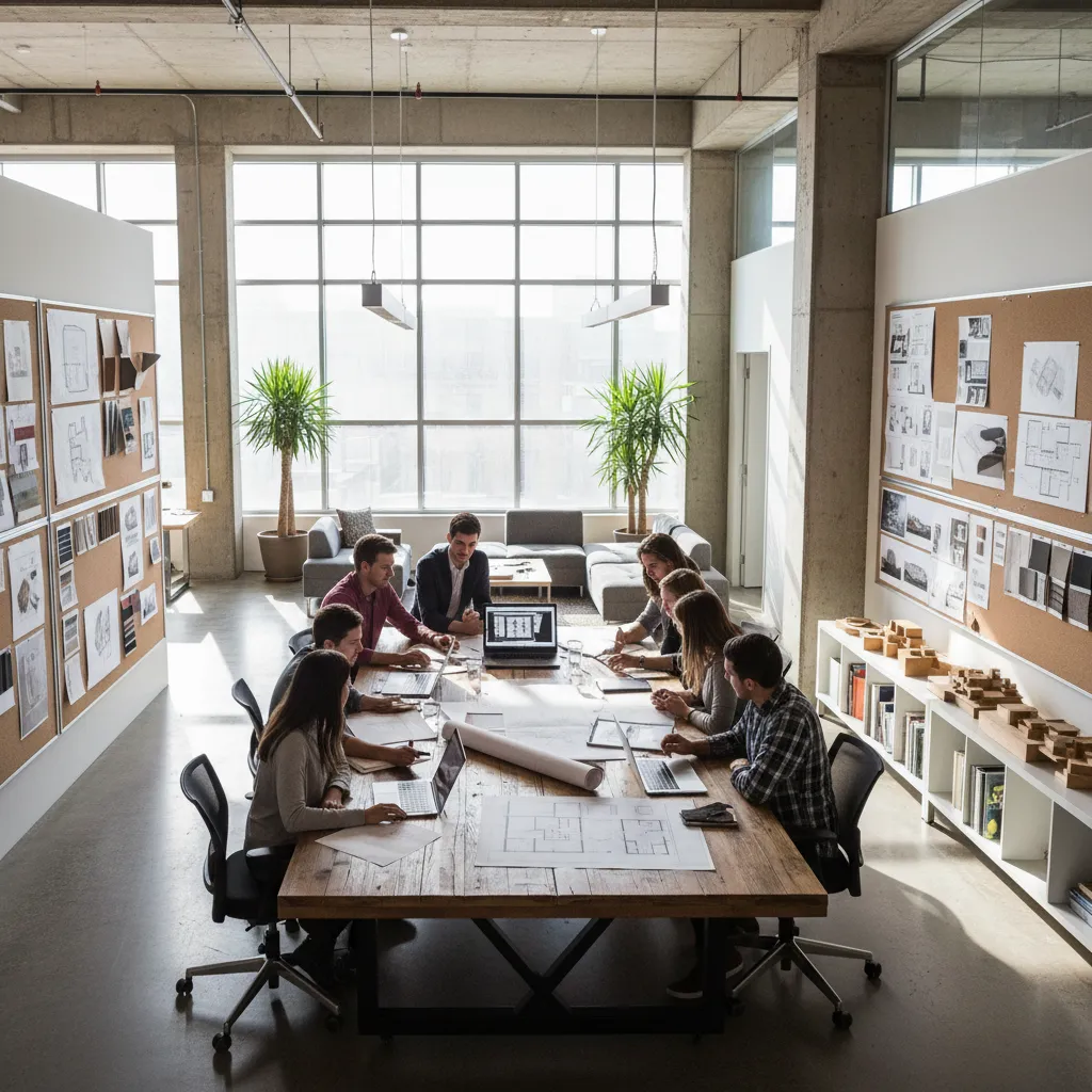 Equipo de diseñadores trabajando en un estudio profesional de interiorismo