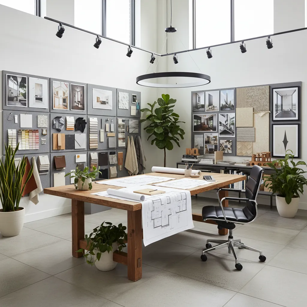 Estudio profesional de diseño de interiores con mood boards y planos