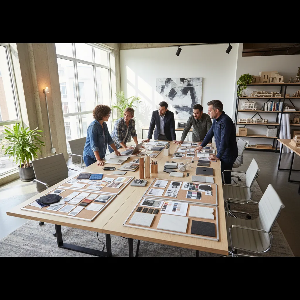 Estudio profesional de interiorismo con diseñadores trabajando en proyectos
