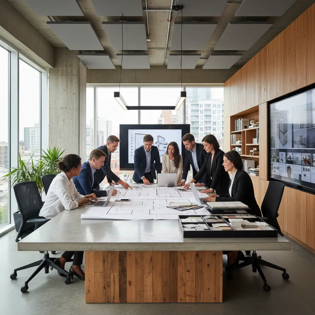 Equipo de diseñadores revisando planos en un estudio de interiorismo