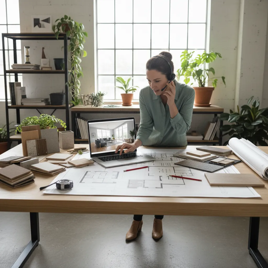 Diseñador de interiores trabajando en un estudio profesional con planos y materiales
