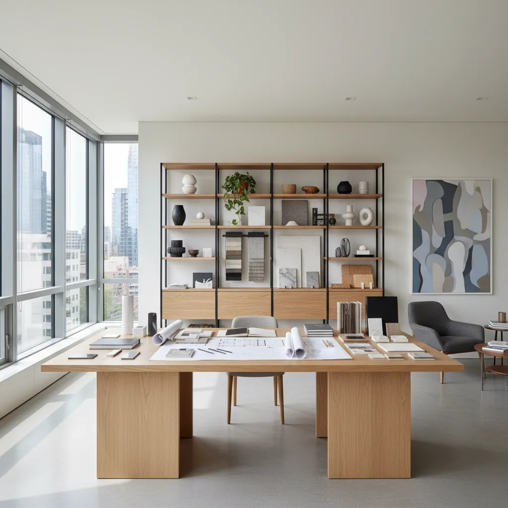 Estudio moderno de diseño de interiores con planos y muestras