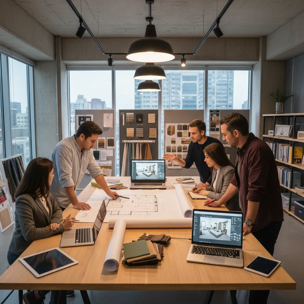 Equipo de diseñadores de interiores revisando planos en un estudio profesional