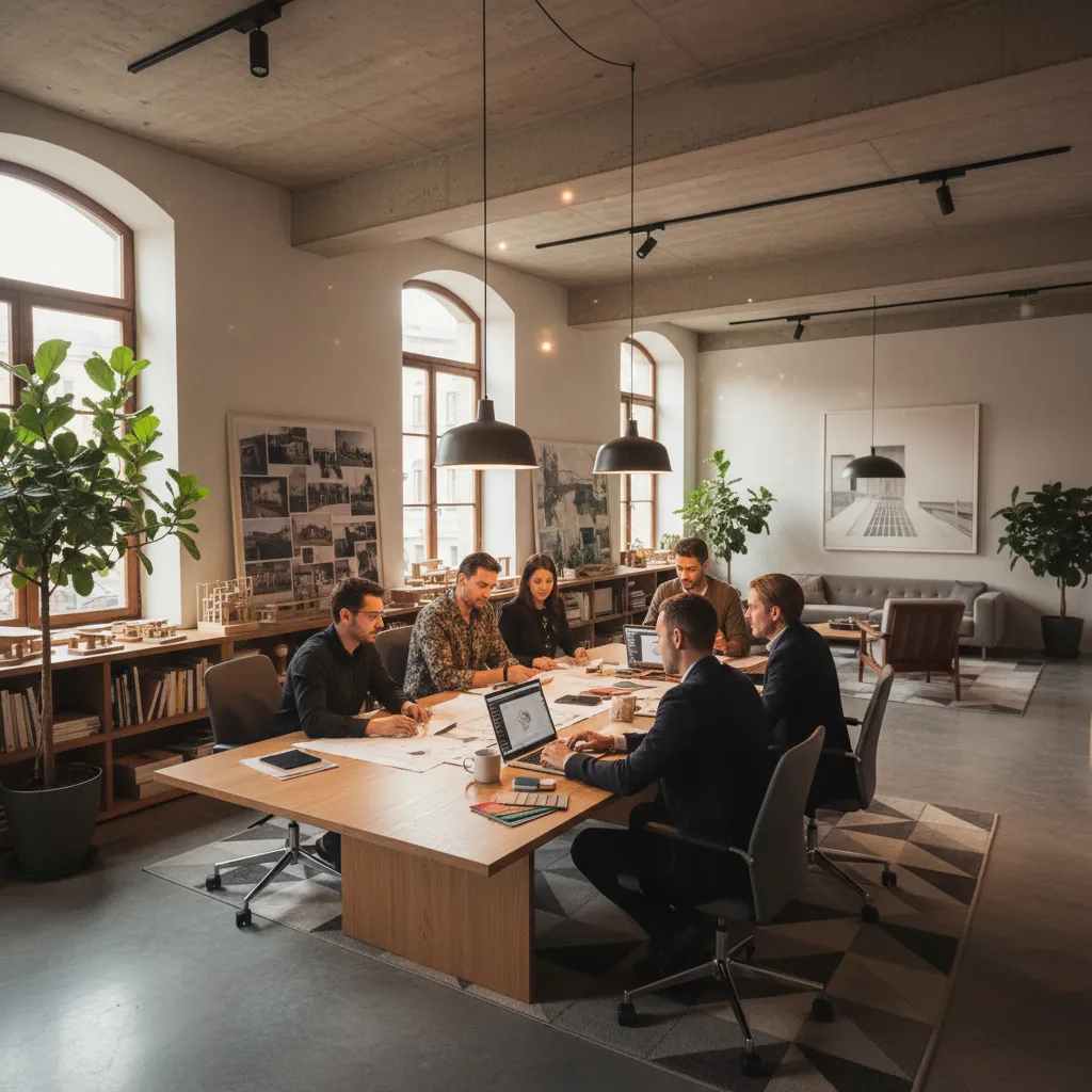 Professional designers meeting around a wooden table with laptops floor plans and material samples indoors