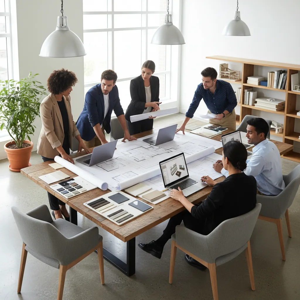Equipo de diseñadores revisando planos en un estudio de interiorismo