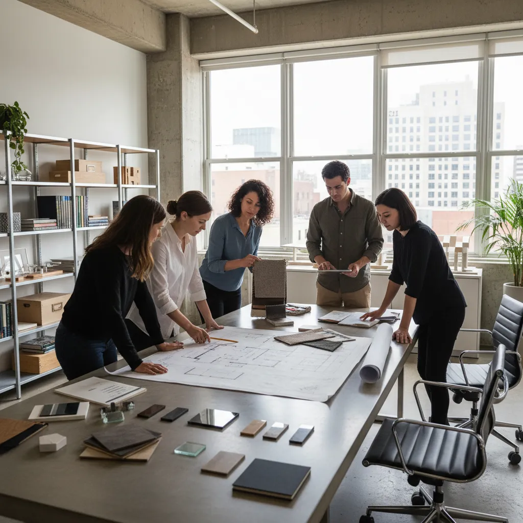 Equipo de diseñadores de interiores trabajando en un estudio profesional