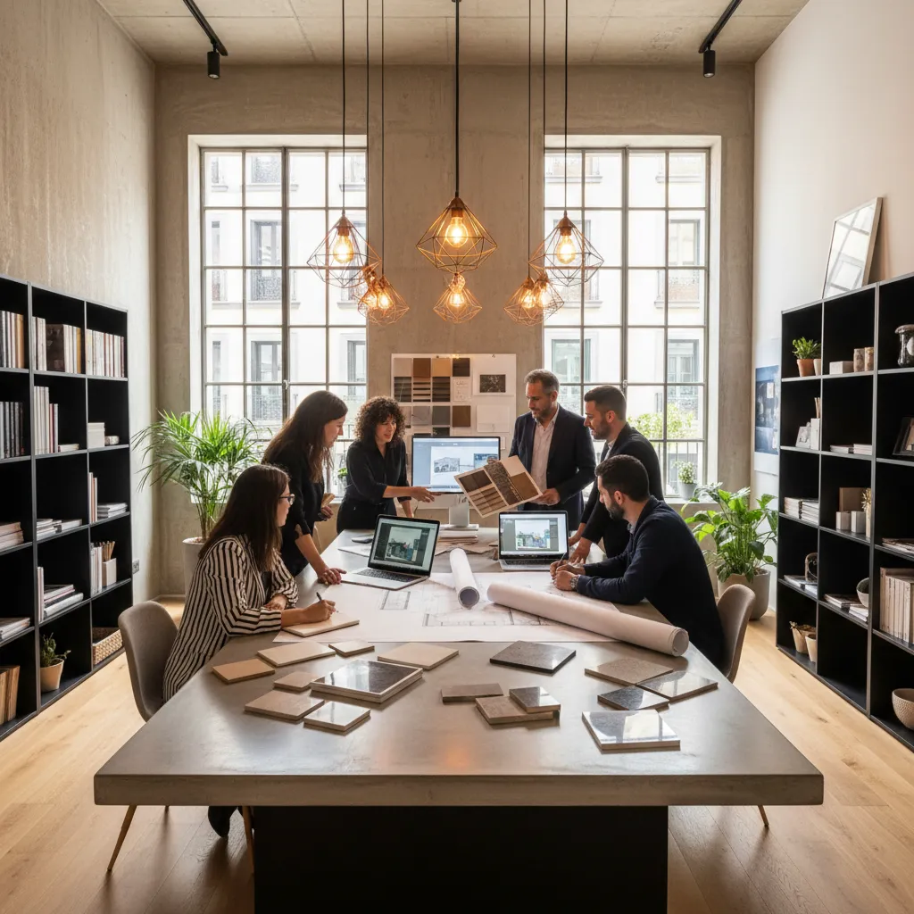 Design team meeting in office with large windows bookshelves and table full of layout drawings