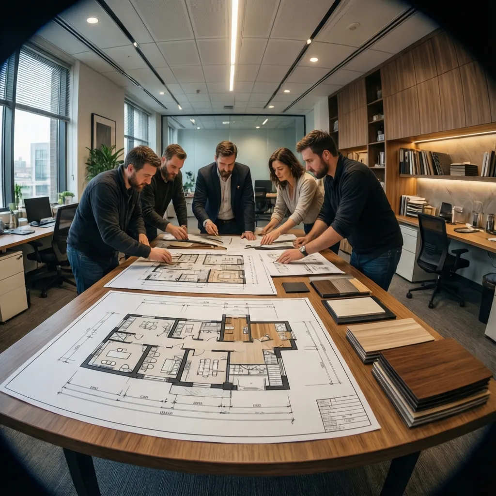 Equipo de diseñadores trabajando en un estudio de interiorismo moderno