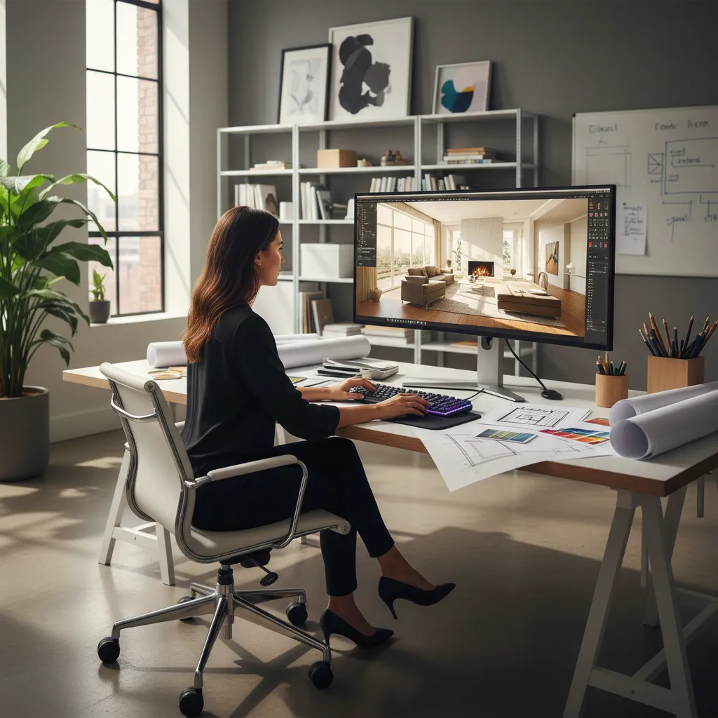 Diseñador trabajando en proyecto de interiorismo en ordenador