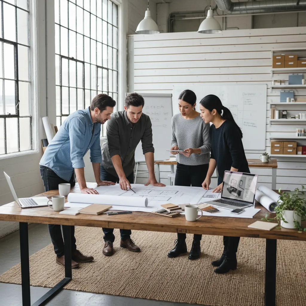 Diseñadores revisando planos de interiorismo en un estudio profesional