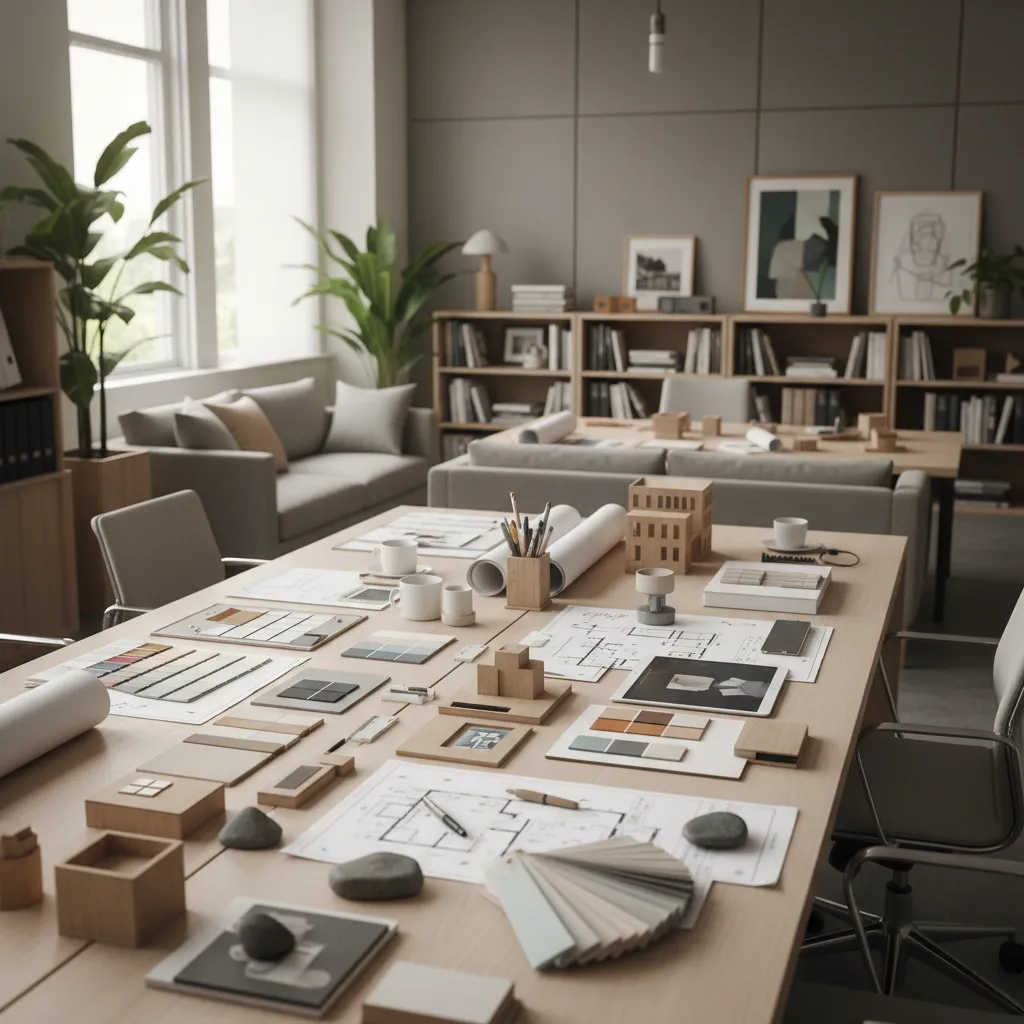 Estudio de diseño de interiores con muestras de materiales y planos sobre la mesa