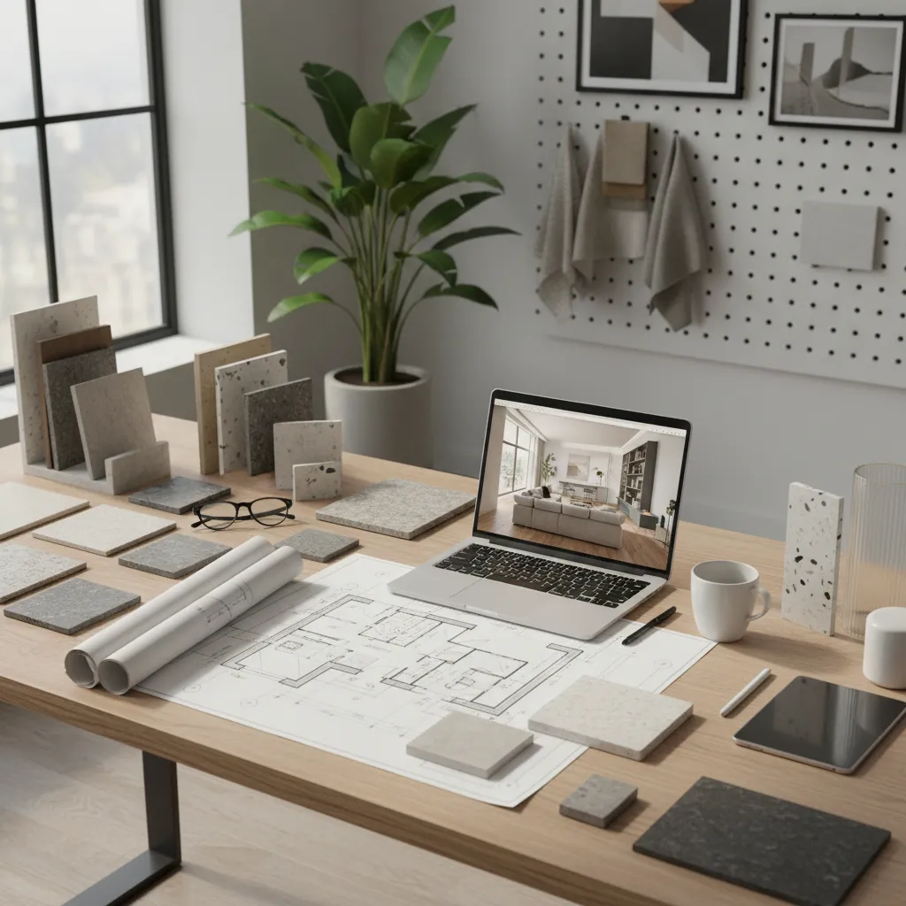 Estudio de diseño de interiores con planos, muestras de materiales y ordenador con render 3D