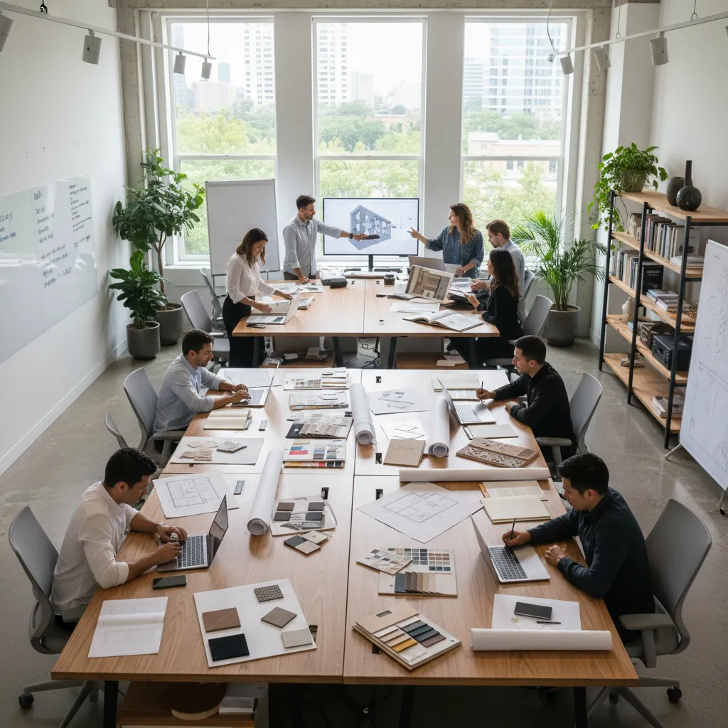 Equipo de diseñadores trabajando en un estudio de interiorismo