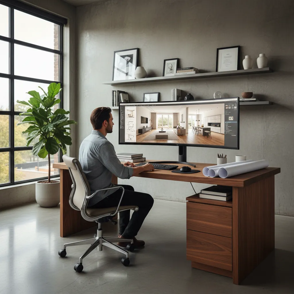 Diseñador de interiores revisando planos y renderizados en estudio