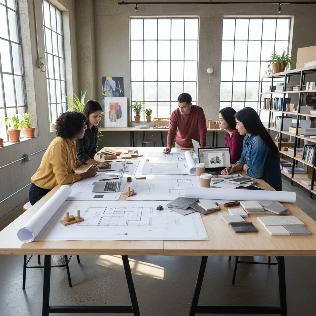Estudiantes trabajando en un proyecto de diseño interior en una mesa llena de planos