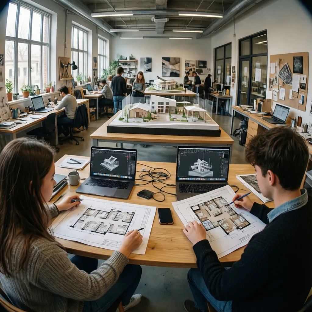 Interior design students working on house models and floor plans in a bright studio space