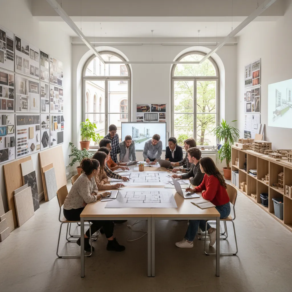 Students sitting around large table reviewing room layout drawings in bright studio with arched windows
