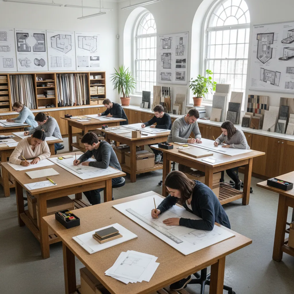 Students drawing interior design plans on large paper at wooden desks in a bright classroom