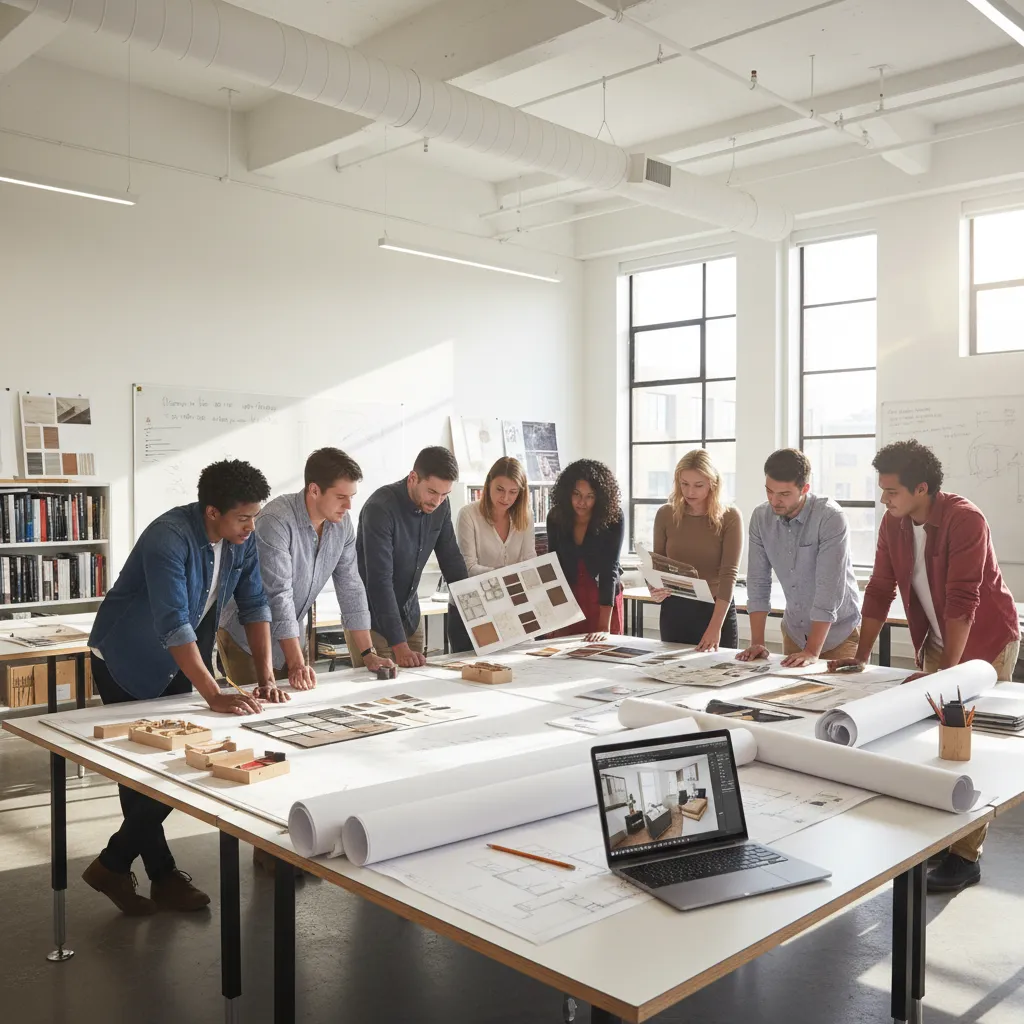 Estudiantes de interiorismo analizando planos en un aula de diseño