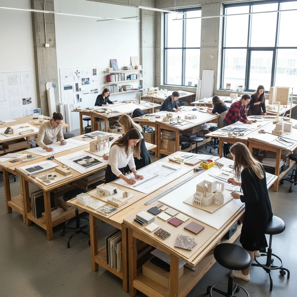 Students working on interior design drawings and small models at wooden tables in bright studio